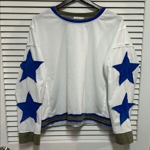 White Shirt with Blue Star Sleeve accents
